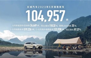 长城新能源车型累计销售93225辆，同比增长46.60%